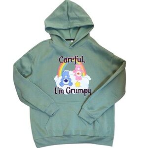 NWOT Women’s Grumpy Cartoon Bear Hoodie Green Pullover Sweatshirt Med Cute Cozy